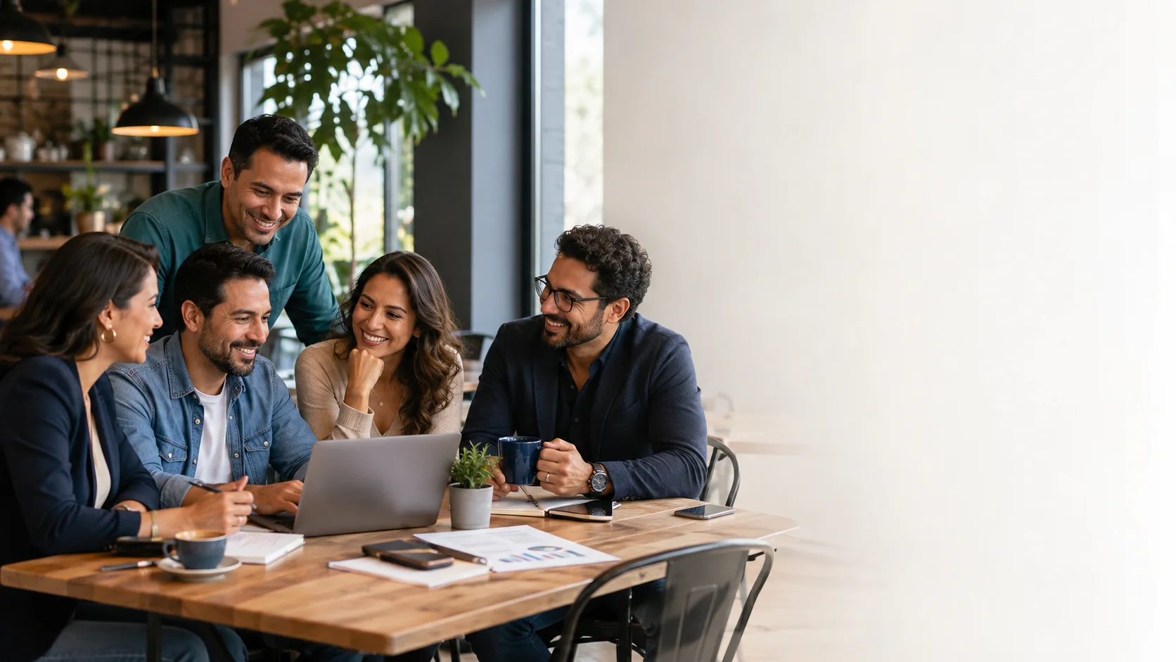 Excompañeros emprendedores reunidos en una mesa de trabajo