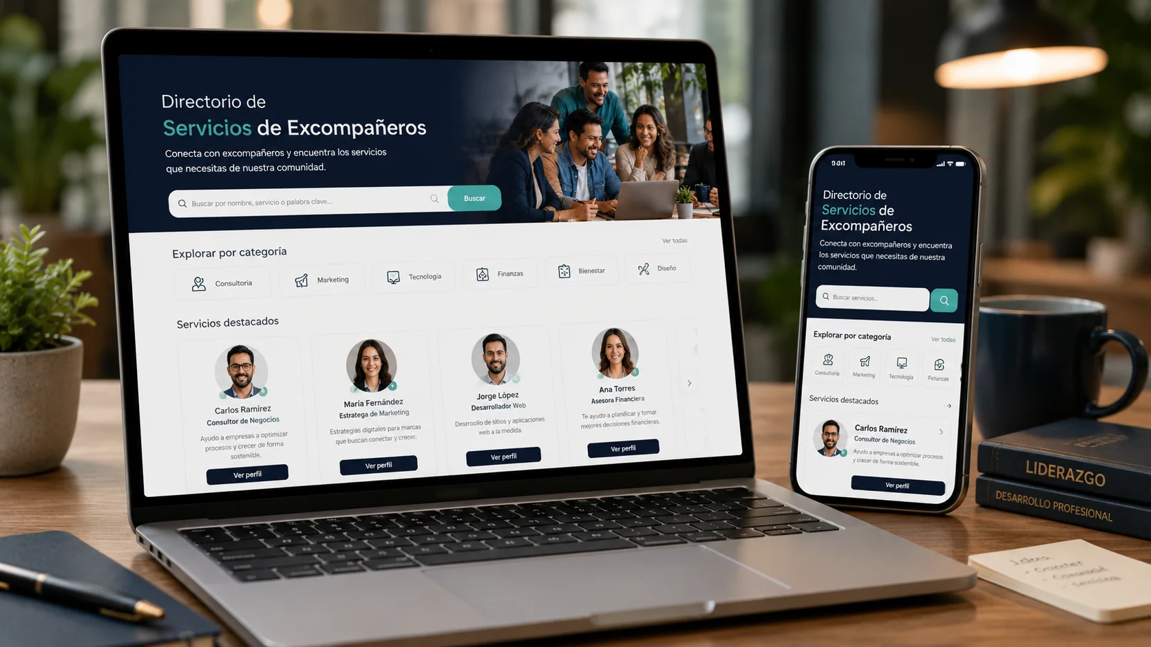 Mockup del directorio de servicios en computadora y celular